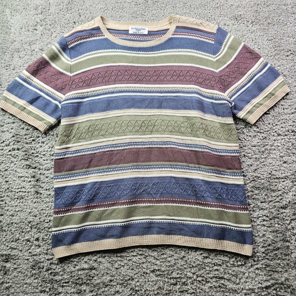 Alfred Dunner Woman Vintage Short Sleeve Striped Knit Sweater Blue Green 1X USA